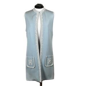 Vintage Lilli Ann Beaded Wool Long Sleeveless Vest Cardigan Duster Light Blue